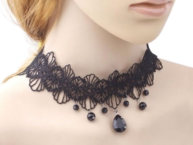 Naszyjnik Choker C15 Czarny Koronkowy Kryształki