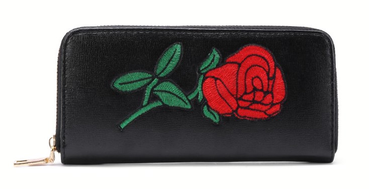 Portfel damski etui na telefon naszywka róża black