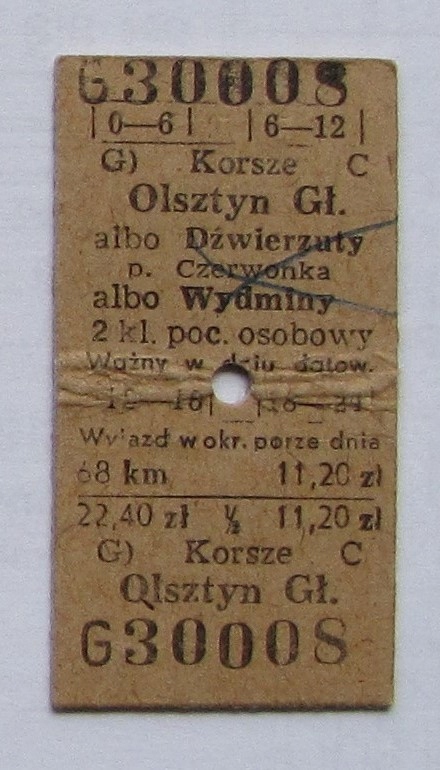 Bilet PKP Olsztyn - Dźwierzuty Wydminy
