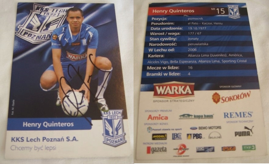LECH POZNAŃ HENRY QUINTEROS ORYGINALNY AUTOGRAF