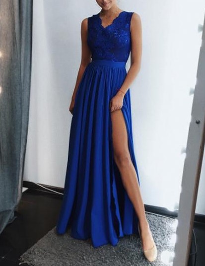 Kobaltowa sukienka maxi koronka elegancka XS EMO