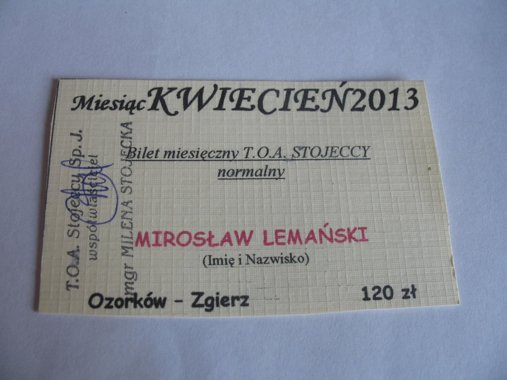 Bilet Ozorków Stojeccy miesięczny
