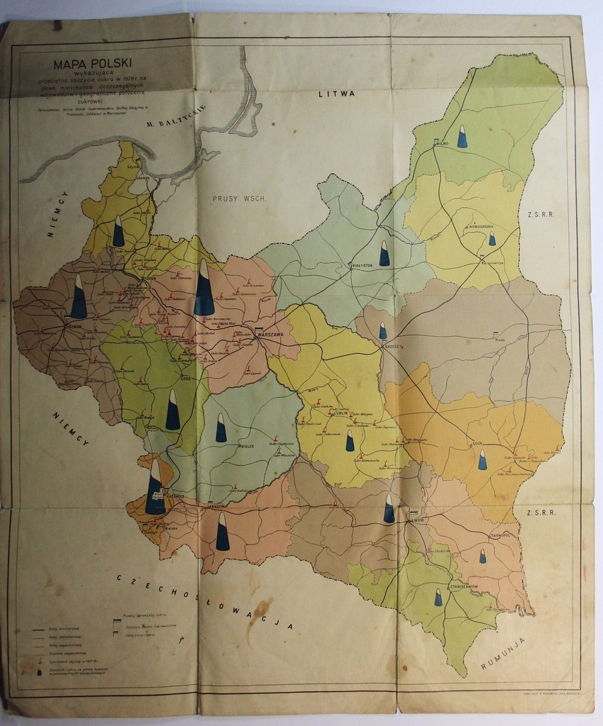 Mapa Polski wykaz. spożycie cukru CUKROWNIE 1928