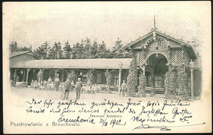Brzuchowice, dworzec kolejowy, stara pocztówka