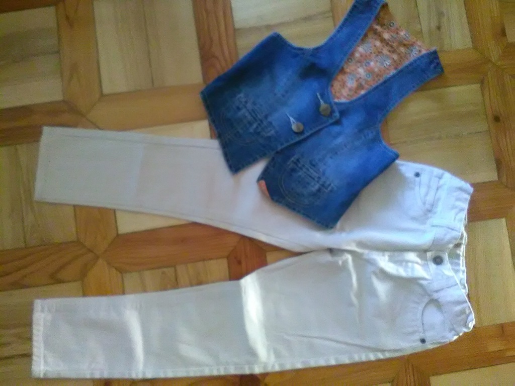 TANIEJ jeans ecru slim + kamizelka 128 7 lat