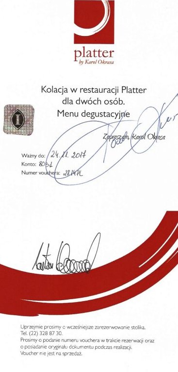 BILET KOLACJA voucher prezent Menu Degustacyjne 