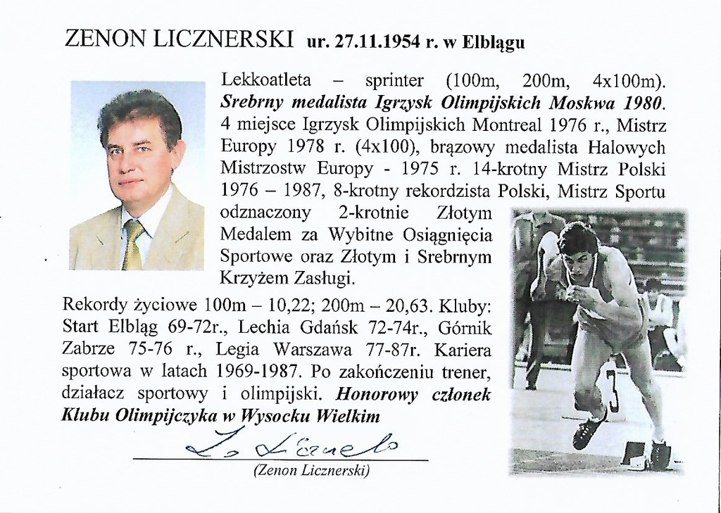 Zenon Licznerski - olimpijczyk. Autograf
