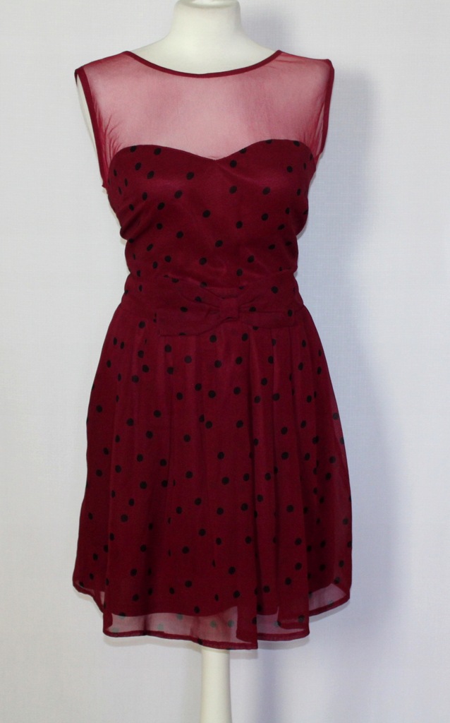 Burgundowa sukienka w grochy 42/XL/14 kokarda