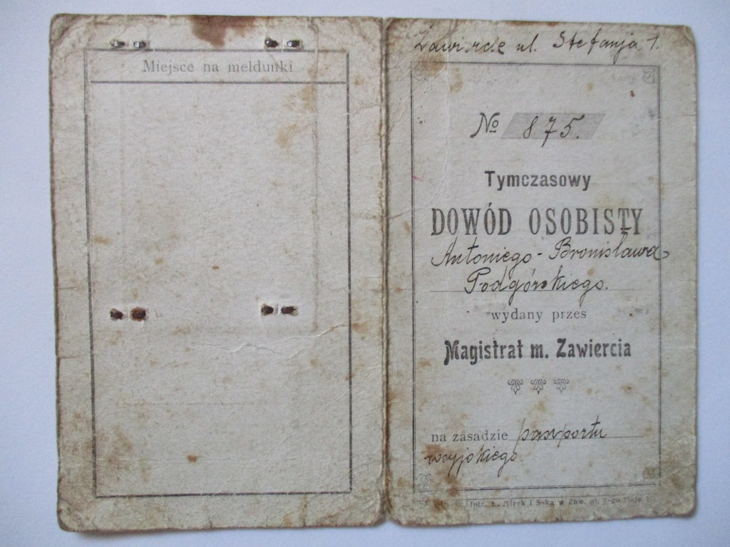 dowód osobisty tymczasowy z 1925 r. Zawiercie