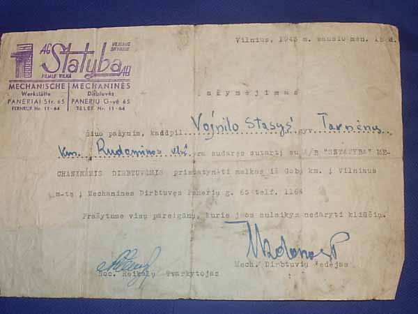 PRZEPUSTKA PRACOWNICZA .... WILNO 1943