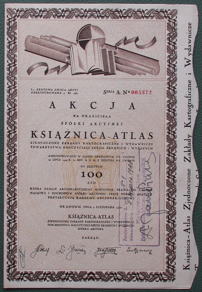 Książnica Atlas Akcja 100 Złotych 1930 Lwów