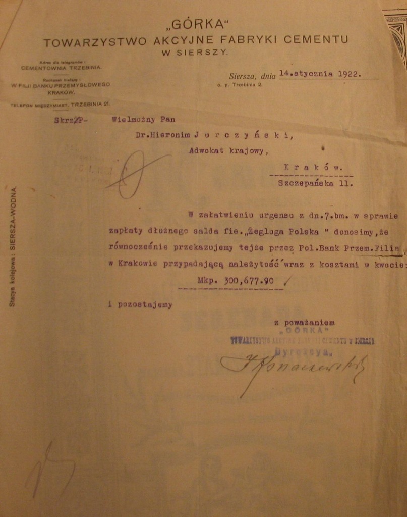 PISMO DO ADWOKATA .SIERSZA ,1922 „GÓRKA” TOWARZ