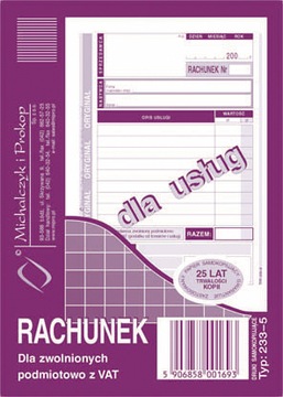 Rachunek dla zwolnionych podmiotowo z VAT dla usług O+1K 80 kartek A6 233-5