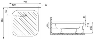 Квадратный душевой поддон 70 x 70 глубиной, 15 см
