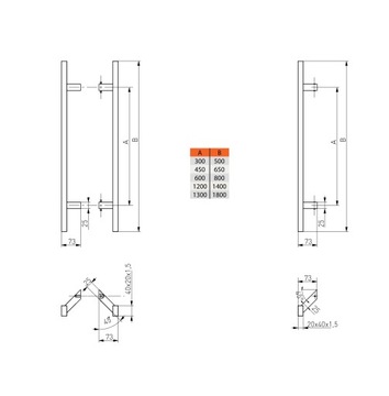 ручка-ручка дверная ручка INOX PR20X40 1000X1200 МОНТАЖ ПОД УГЛОМ 45*