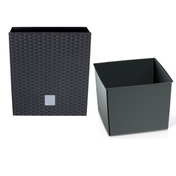 Flowerpot 26x26cm with cartridge square rattan anthracite, фото
