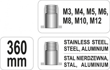 YATO NITOWNICA RĘCZNA NITONAKRĘTEK ZESTAW 360mm M3-M12 7 ELEMENTÓW YT-36128