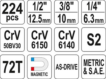 НАБОР КЛЮЧЕВЫХ КЛЮЧЕЙ 225 шт. YATO YT-3894