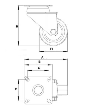 Поворотное колесо fi40 с прорезиненным подшипником и пластиной.