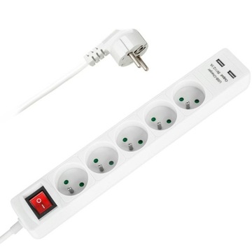 PRZEDŁUŻACZ ELEKTRYCZNY 5m Z WYŁĄCZNIKIEM DŁUGI 5-GNIAZD + 2x GNIZADO USB