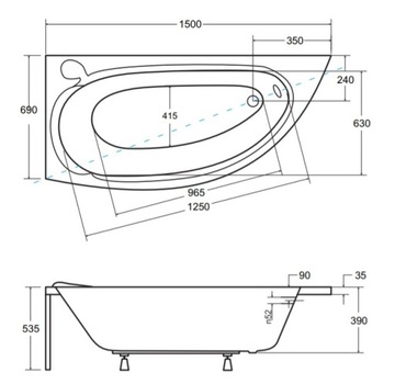 УГЛОВАЯ ВАННА PMD MINI 150x70 КОРПУС СИФОНА НОЖКИ