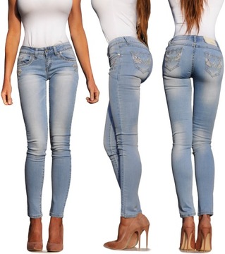 #587 Błękitne Spodnie Jeans Rurki Cyrkonie S /27