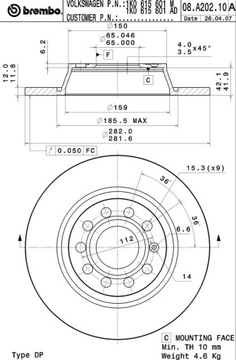 ДИСКИ ЗАДНИЕ BREMBO GOLF V VI JETTA III TOURAN 286 мм