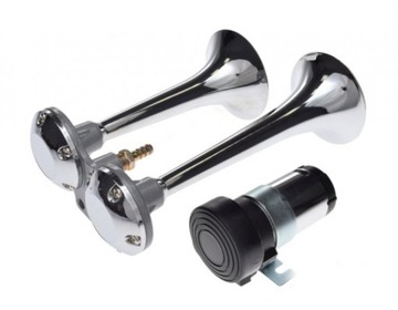 FANFARA KLAKSON SYGNAŁ DZWIĘKOWY PNEMUMATYCZNY CHROM KOMPRESOR GŁOŚNY 12v