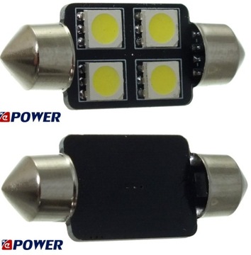 C5W LED 36мм 4x SMD 5050 белая трубка 12В