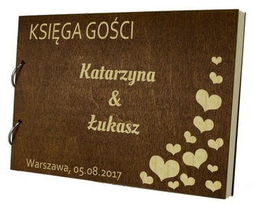 BRĄZOWA DREWNIANA KSIĘGA GOŚCI 60 KARTEK ECRU ŚLUB