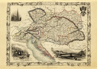 AUSTRIA Wiedeń mapa ilustrowana 1851 r. płótno