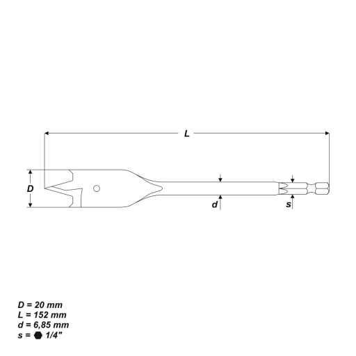 Лопаточное сверло по дереву, 20 x 152 мм.