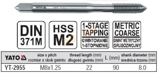 Метчик машинный М8х1,25 YATO YT-2955