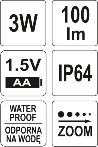 ФОНАРЬ СО СВЕТОДИОДОМ 3ВТ, ЗУМ, ПЛОТНЫЙ, IP 64, YATO