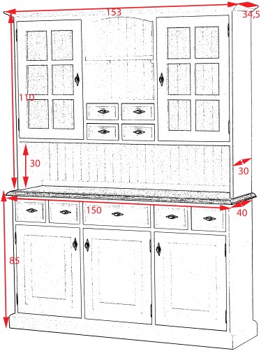 Стилизованный кухонный сервант, 150 см, Провансаль