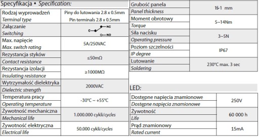 КНОПКА 22мм ВАНДАЛЬНАЯ СВЕТОДИОДНАЯ 250/250В МГНОВЕННАЯ