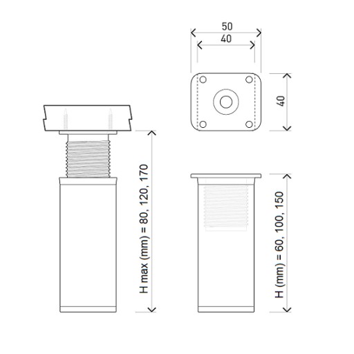 НОЖКА МЕБЕЛЬНАЯ АЛЮМИНИЕВАЯ НОЖКА 40х40х100мм INOX