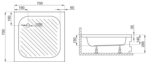 Квадратный душевой поддон 70 x 70 глубиной, 15 см