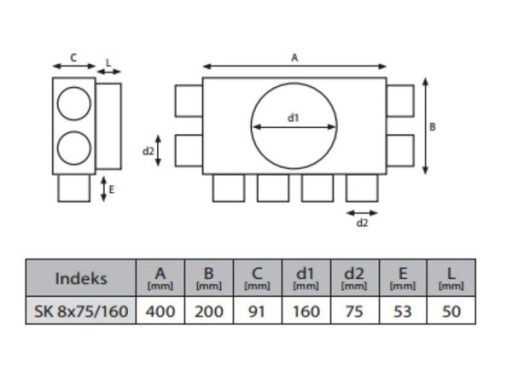 РАСПРЕДЕЛИТЕЛЬНАЯ КОРОБКА РЕКУПЕРАЦИОННАЯ 8x75/160