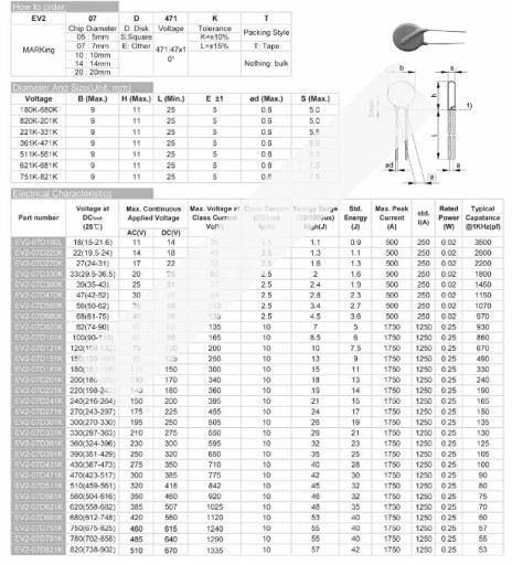 Варистор 07D471K 470В 300ВAC 385ВDC - 20шт