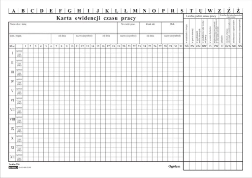 KARTA ewidencji czasu pracy A4 Emeko 784 ŁÓDŹ