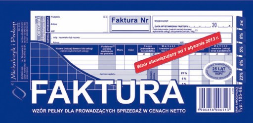 Faktura wzór pełny w cenach netto oryginał + 1 kopia 1/3A4 80 kartek 105-8E