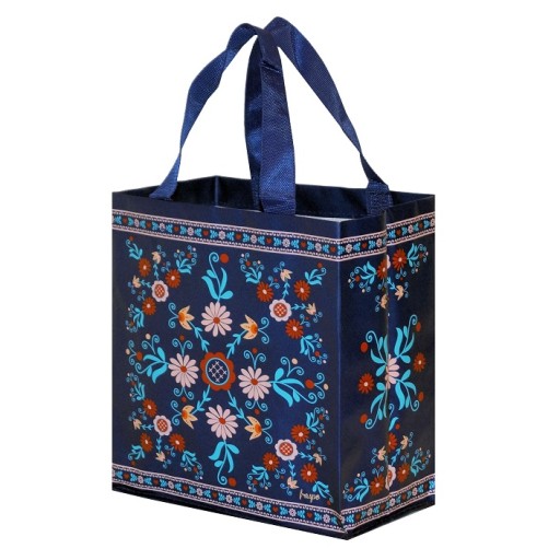 TORBA NA ZAKUPY granatowa FOLK stylowa torebka zakupowa 26x15x27cm mała 10l