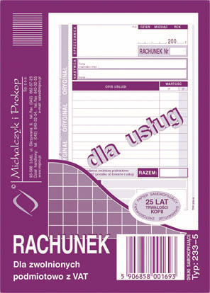 Rachunek dla zwolnionych podmiotowo z VAT dla usług O+1K 80 kartek A6 233-5