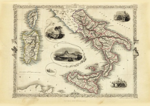 WŁOCHY Neapol Sycylia mapa ilustrowana 1851 r.