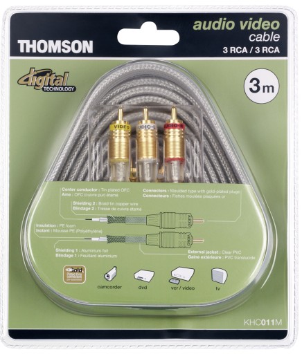 KABEL 3x cinch ZŁOTY OFC EKRANOWANY THOMSON 3m