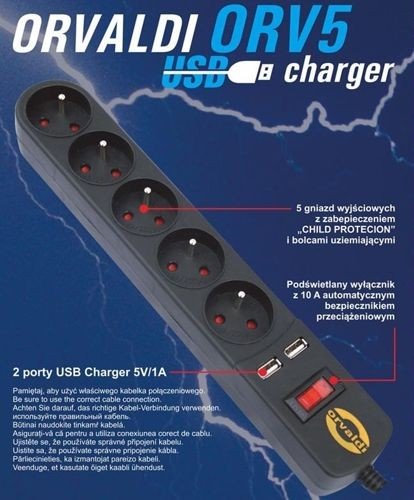 Listwa zasilająca ORVALDI ORV5 3m nowa 2A ład. USB
