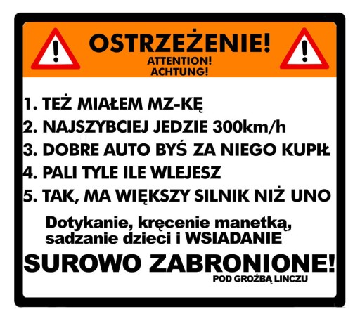 Siadanie , dotykanie zabronione. Naklejka na moto.