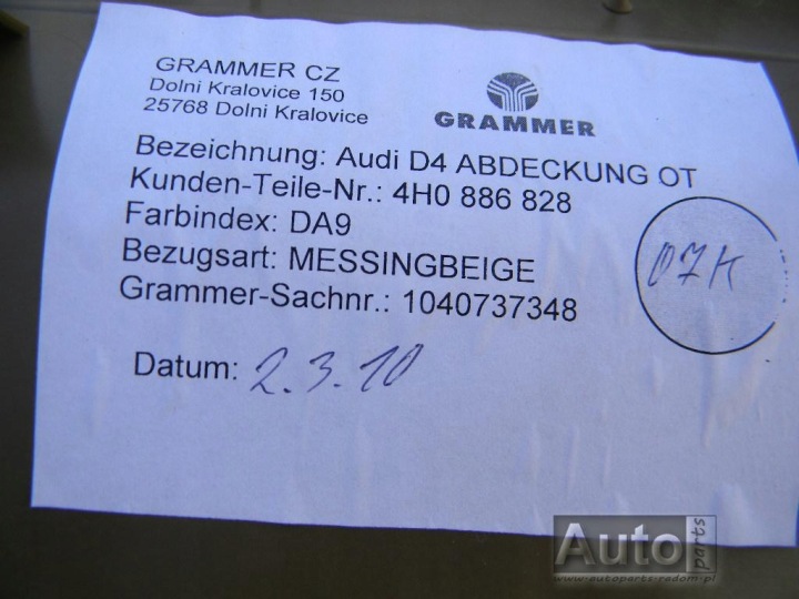 GARNITURE ACCOUDOIR ARRIÈRE 4H0886828 AUDI A8 4H