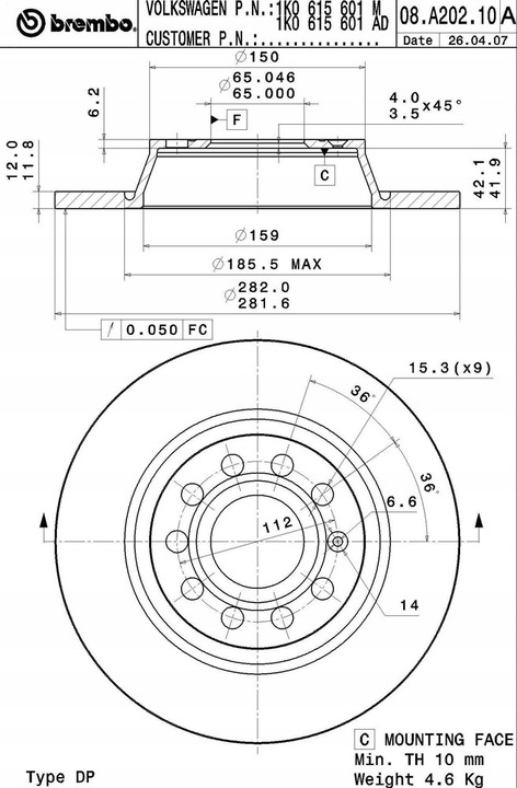 BREMBO DISQUES ARRIÈRE GOLF V VI JETTA 3 TOURAN 286MM photo 2 - milautoparts-fr.ukrlive.com